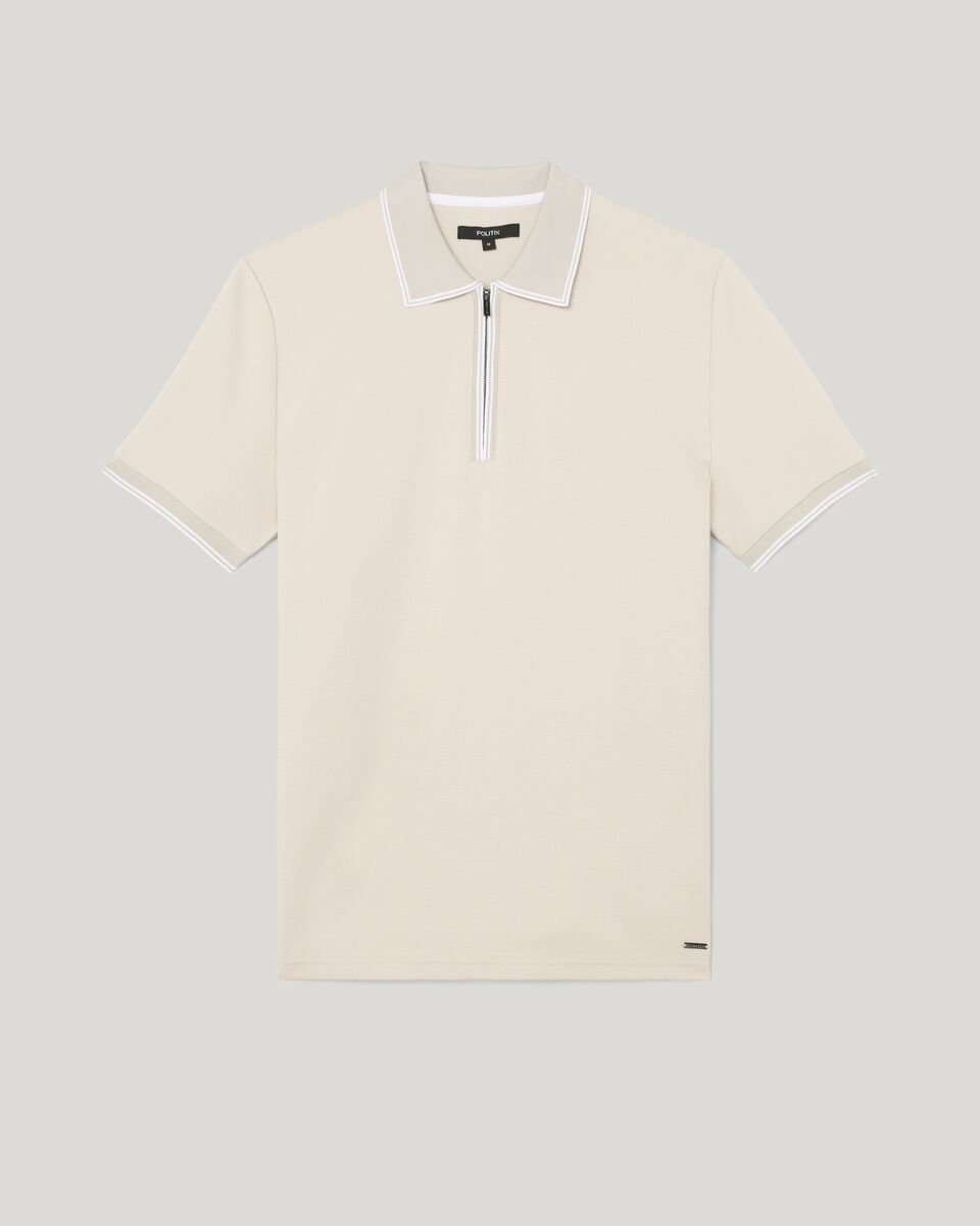 Textured Zip Collar Polo, Natural, hi-res